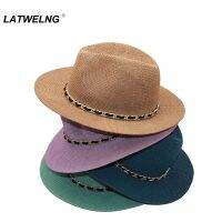 New 10 Colors Panama Sun Hats With Chain Ladies Jazz Beach Hat Summer Breathable Straw Hats NH986