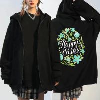 Easter Day and Floral Graphic Harajuku Zipper Hoodies Blue Fashion Manga Cartoon Back Tops Unisex Oversized Zipper Jacket Coats Size XS-4XL