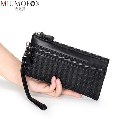 Brand Sheepskin Leather Women Clutch Bag Knitting Long Wallet Wristlet Design Slim Zipper Ladies Phone Coin Purses Dropshipping