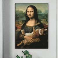 ภาพวาดผ้าใบศิลปะวินเทจของ Mona Lisa กับแมวสำหรับตกแต่งบ้านห้องนั่งเล่น