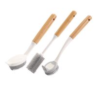 Dish Brush Dish Scrubber Pan Brush Non Stick Dish Pan Brush with Bamboo Handle, Dishwashing and Cleaning Double Head Pan Brush and Cup Brush