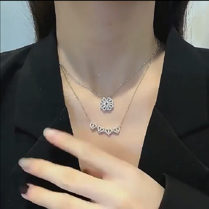 Simple Light Luxury Stainless Steel Jewellery Magnetic Two-Wear Clavicle  Chain Diamond Love Four-Leaf Clover