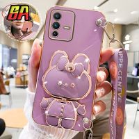 เคสโทรศัพท์ VIVO V23 5G V15 V21 V23E Pro V20 SE V20 Pro Y85 V9 V11 3D แฟชั่นการ์ตูนน่ารักกระต่ายแต่งหน้าเคสโทรศัพท์ปิดขอบตรงสี่เหลี่ยมจัตุรัสพร้อมที่ยึดขาตั้ง + สายคล้องนุ่มป้องกันการกระแทก