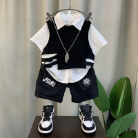 Boy Summer Clothing 2023 New Fashion Baby Fashionable Clothes Tide Boys Childrens Pu Shuai Fashion Three-Piece Set