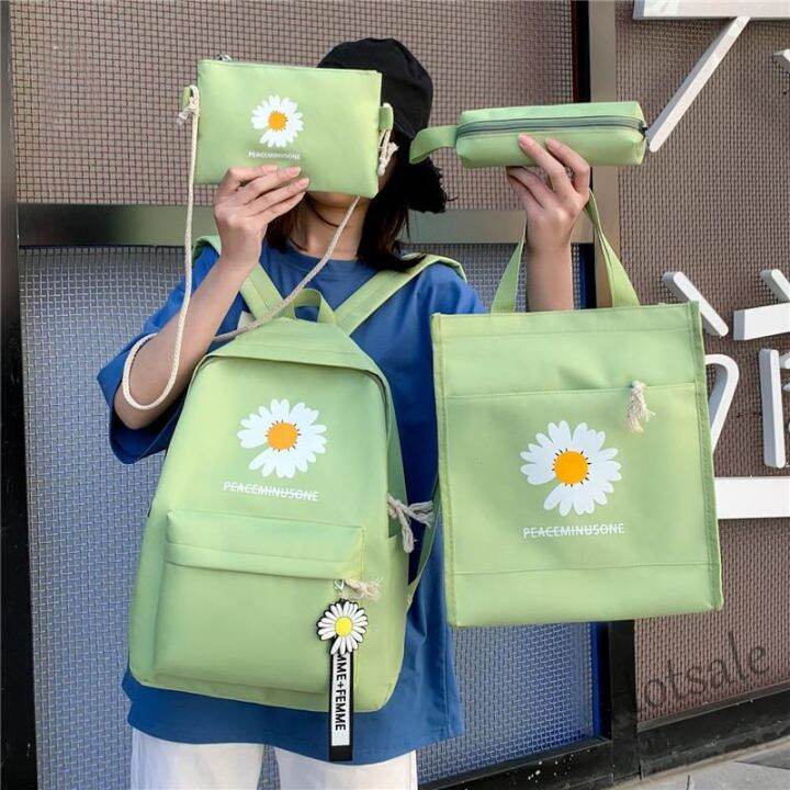 hot-sale-c16-4-in-1-backpack-set-daisy-canvas-school-student-galas-sekolah-bag-women-handbag-sling-bag-crossbody-tote-beg-pen-case-travel-shoulder-wanita-bahu-tangan-beg-korean-fashion-bag