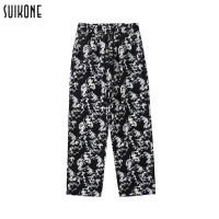 Suikone กางเกงขายาวใส่ได้ทุกโอกาสตรงพิมพ์ลายมัดย้อมกางเกงทรงหลวมสำหรับผู้ชายเอวยางยืดตรง