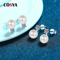 COSYA เพชร0.3Ct 925เม็ดหูไข่มุกเพชรสำหรับผู้หญิงงานเลี้ยงหมั้นงานแต่งงานละเอียด