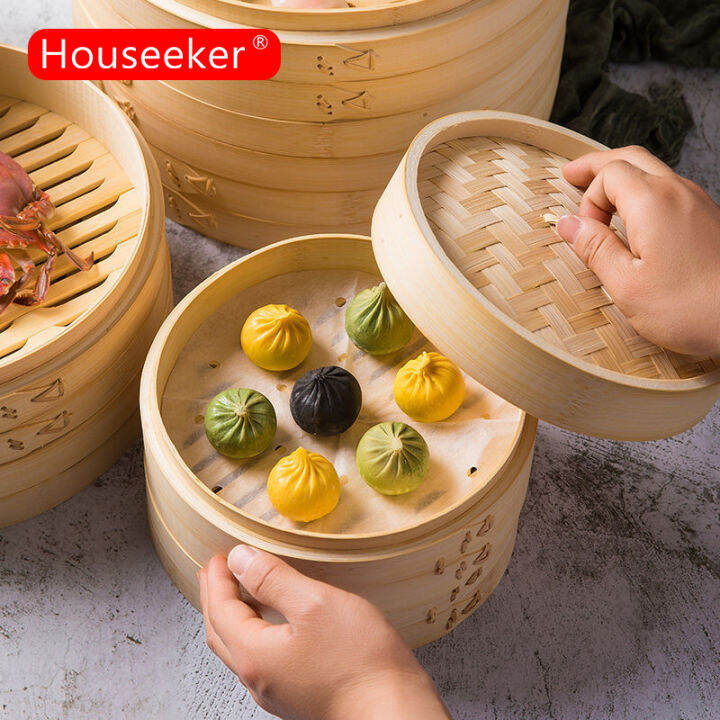 Houseeker 20/15/10cm Round Bamboo Steamer Chinese Steamed Buns