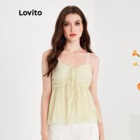 COD SDFERTGEYGRT Lovito Cute Plain Lace Up Off Shoulder Sleeveless Top for Women L51ED071 (Apricot)