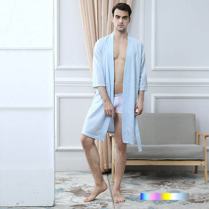 men-plus-size-knee-length-suck-sweat-towel-bath-robe-lovers-summer-y-waffle-kimono-bathrobe-male-solid-knitted-dressing-gown