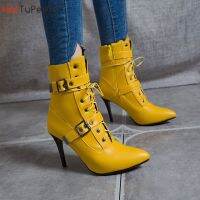 Autumn Winter 2022 Mid-Calf Boots Women Pointed Toe Super High and Thin Heel Shoes Buckle Cross-Tied Decorate Size 3~19 Footwear