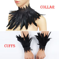 Victorian Feather Collar ถุงมือลูกไม้ Evil Queen ชุดอุปกรณ์เสริม Feather Shawl Feather Cuffs Gothic Cosplay Party Props Dress Up