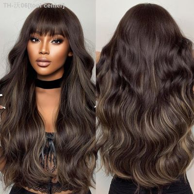 Brown Highlight Wave Wigs with Bangs Long Wavy Hair Mixed Colored Synthetic Wig for Women Daily Cosplay Use Heat Resistant Fiber [ Hot sell ] tool center