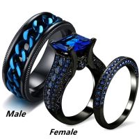 Fashion Couple Rings Womens Blue Crystal CZ Rings Set Mens Stainless Steel Chain Spinner Ring Wedding Anniversary Jewelry Gift