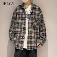 IELGY เสื้อเชิ้ตผู้ชายลายสก๊อตแขนยาวย้อนยุคญี่ปุ่น