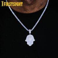 【Transparent thinking】2021ใหม่ Hamsa สร้อยคอจี้มือ5มม. เทนนิส Hip Hop Iced Out Cubic Zirconia Sliver สี5A CZ สร้อยคอหิน