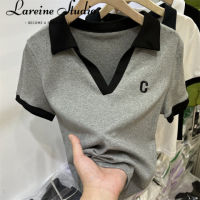 LAREINE เสื้อยืดปักลายเสื้อโปโลของผู้หญิงเสื้อถักนิตติ้งแขนสั้นฉบับภาษาเกาหลีเสื้อยืด2023