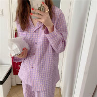 Cotton Plaid Pajamas for Women Korean Purple Pyjamas Sets Autumn Pijamas Sleepwear Nightie Loungewear Pjs Dropshipping