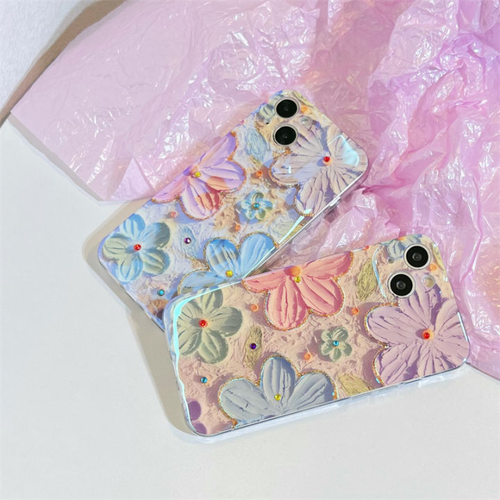 ภาพวาดสีน้ำมันวินเทจดอกไม้โทรศัพท์กรณีสำหรับ-iphone12-เคส-rhinestone-blu-ray-สำหรับ-iphone11promax-สีชมพูสีม่วงสีฟ้าสีเขียวภาพวาดสีน้ำมันดอกไม้กรณีโทรศัพท์สำหรับ-iphone13pro-เคสโทรศัพท์น่ารักสำหรับ-ip