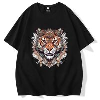 【Hot Sale】 New personality tiger head print trendy brand T-shirt large size Chinese style national tide totem mens short sleeves