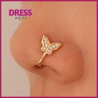 PETI DRESS เซอร์คอน ที่ปิดจมูก เครื่องประดับอัญมณีอัญมณี แผ่นชุบทอง แหวนเจาะจมูกปลอม ของใหม่ ผีเสื้อรูปผีเสื้อ คลิปหนีบจมูก สำหรับผู้หญิง