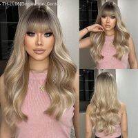 GEMMA Long Wave Ombre Blonde Wavy Wigs for Women Brown Blonde Synthetic Wig with Bangs Daily Party Heat Resistant Fibre Hair [ Hot sell ] Decoration Center