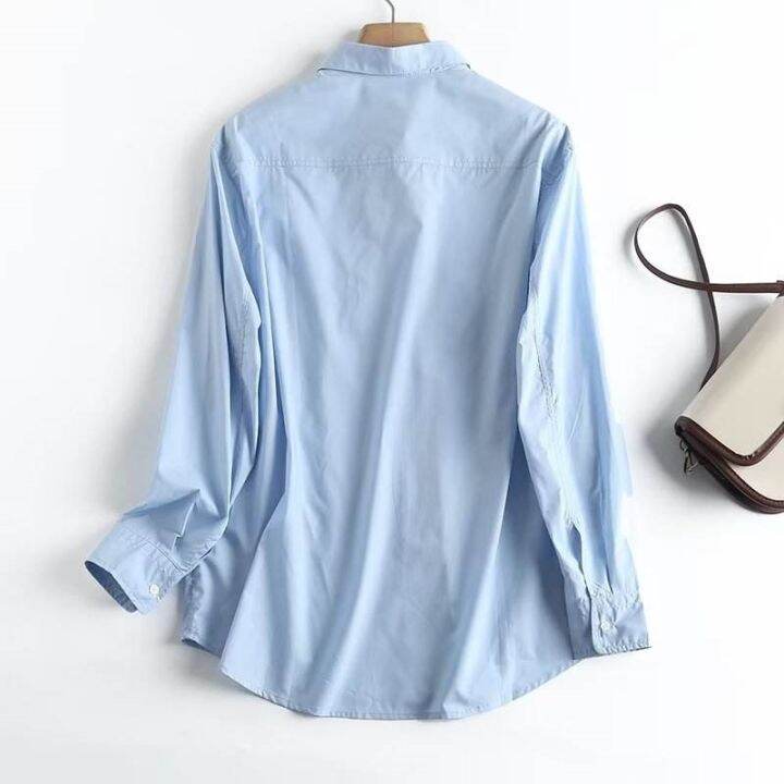 2023ฤดูใบไม้ผลิของสุภาพสตรี-massimo-dutti-แขนยาวเรนเดียส์แบบหลวมเสื้อสีฟ้าคลาสสิก