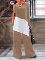 ZANZEA Woman Muslim Outifits Fashion Vintage Loose Sets Long Sleeve Patchwork Blouse Wide Leg Pant Islamic Clothing Suit 2023