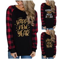 HOT14★Women 2022 New Year Round Neck T Shirt Plaid Printing Long Sleeve Christmas Daily Top Blouse Ropa Mujer In Stock