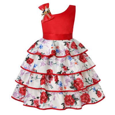 Summer New Cake Skirt Printing Girls Dress Birthday Party Oblique Shoulder Dress Skirt Wedding Princess Dress Children Clothing