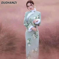 DUOHANZI ชุดกี่เพ้ากำมะหยี่หนา2023ใหม่สไตล์หนุ่มสาวปรับปรุงชุดกี่เพ้ายาวปานกลาง