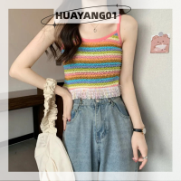 HUAYANG01 [2023 new HOT FASHION] lazlook เสื้อกล้ามถักผู้หญิงแขนกุดลายทางแต่งพู่หลากสีฤดูร้อน