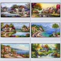 Nordic Wall Art สำหรับตกแต่งห้องนั่งเล่น-โปสเตอร์ภูมิทัศน์นามธรรมของบ้านไร่สวนด้วยดอกไม้ต้นไม้และภาพวาดสีน้ำมันในทะเลสาบพิมพ์บนผ้าใบ