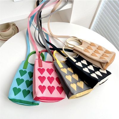 Versatile Leisure Tote Woven Reusable Love Knitted Handbag Shoulder Bag Mini Mobile Phone