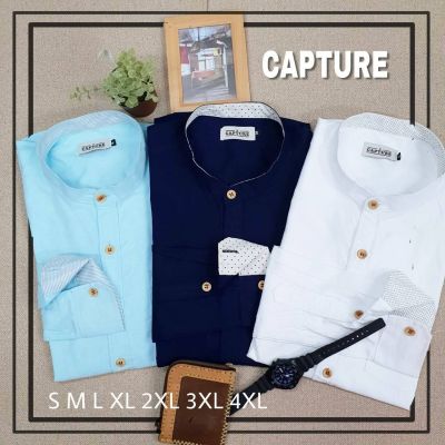 Capture Shirt เสื้อเชิ้ตผู้ชายแขนยาว คอจีน สีขาว/เขียวมิ้นท์/กรม มีถึงอก 48 นิ้ว