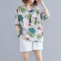 ผ้าฝ้ายผ้าลินิน Vintage Floral เสื้อเกาหลีสบายๆหลวมฤดูร้อน Tee T เสื้อเชิ้ตผู้หญิงพิมพ์เสื้อ