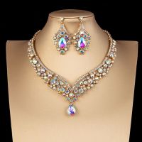 hotx【DT】 Luxury Color Choker Necklace Earrings Set Rhinestone Bridal Jewelry Sets for Bride Wedding Costume
