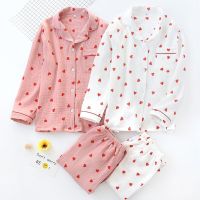 2PCS Heart Print Pajamas Suit Womens Spring Autumn Nightwear Turn Down Collar Shirt Pant Fashion Ladies Sleepwear Loose Casual