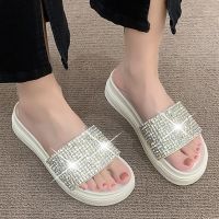 Luxury Rhinestone Wedges Slippers for Women Summer Platform Thick Botttom Sandals Woman White Pu Leather Anti-Slip Slide Slipper