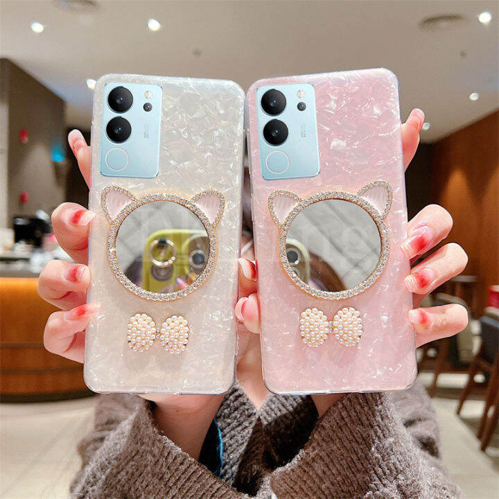 2023เคสใส่โทรศัพท์ใหม่สำหรับ-vivo-v29-5g-กากเพชรส่องแสงเป็นประกายวิบวับกระจกแต่งหน้าหูแมวน่ารักสีขาวน่ารักสีชมพูอ่อนเคส-vivo-v29โปร่งใสเคสกันกระแทกพิมพ์ลาย-vivov29-5g