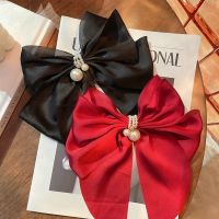 New Fashion Premium Solid Color Satin Barrettes Bow Pearl Hair Clip Hair Bow Ribbon Ponytail Clip For Women Top Hair Accessories Hair Accessories