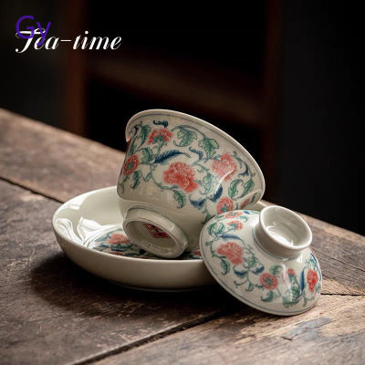 เก่าเครื่องปั้นดินเผาดิน Gaiwan สไตล์จีนย้อนยุคสีฟ้าและสีขาวชาหม้ออบถ้วยชาเซรามิกสามระดับปกชามกังฟูชุดน้ำชา