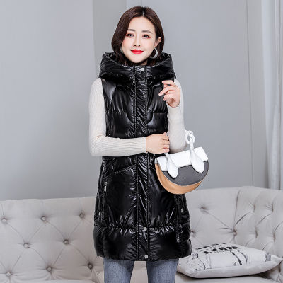 Snow Wear Warm Long Waistcoat Women Winter Waterproof Vest Jacket Hooded Big Pockets Fashion Glossy Parka Sleeveless Jacket Coat