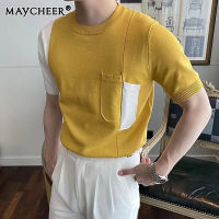 MAYCHEEER เสื้อยืดเสื้อแขนยาวคอกลมลำลองของผู้ชาย,เสื้อยืดแขนสั้นผ้าไหมสีเข้ากัน