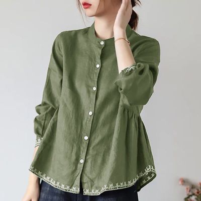 Spring And Summer Korean Style High-End Collar Shirt Womens Cotton And Linen Long-Sleeved Doll Shirt A- Shaped Loose Belly Covering Top Large Size Womens Clothing