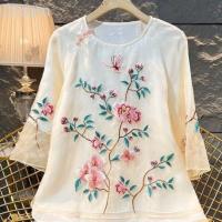 Fashion elegant luxury elegant heavy industry embroidered fresh top summer thin round neck all-match commuter shirt for women V729