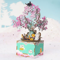 Robotime DIY Wooden Blocks 148pcs 3D Wooden Puzzle Cherry Tree Cat Assembly Music Box Gift Toys for Children Kids Adult AM409