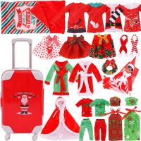 Christmas Clothes Big Elf Doll Pajamas Suitcase Dress T shirt For Barbies Doll Accessories Sleeping Bag Cartoon Printed Sweater
