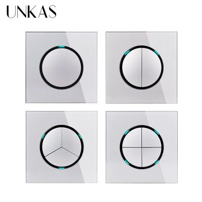 UNKAS Grey 1 2 3 4 Gang 1 / 2 Way Random Click On / Off Pass Through Wall Light Switch LED Indicator Gray Crystal Glass Panel