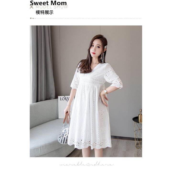 ready-stock-maternity-nursing-dress-v-neck-slim-waist-summer-pregnancy-feeding-dress